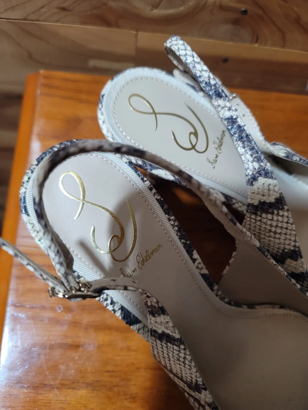Sam Edelman Snake-Print Pointed Toe Flats in Beige and Black